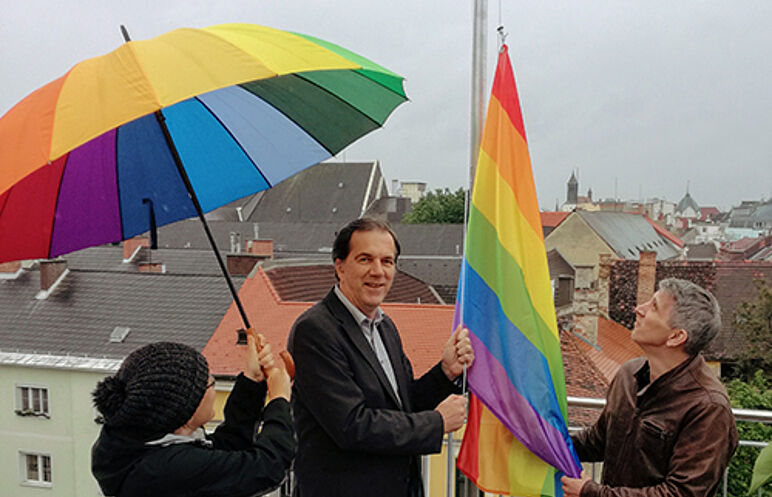 1/2 rainbow flag is hoisted at FernFH. Photo credit: Ferdinand Porsche FernFH